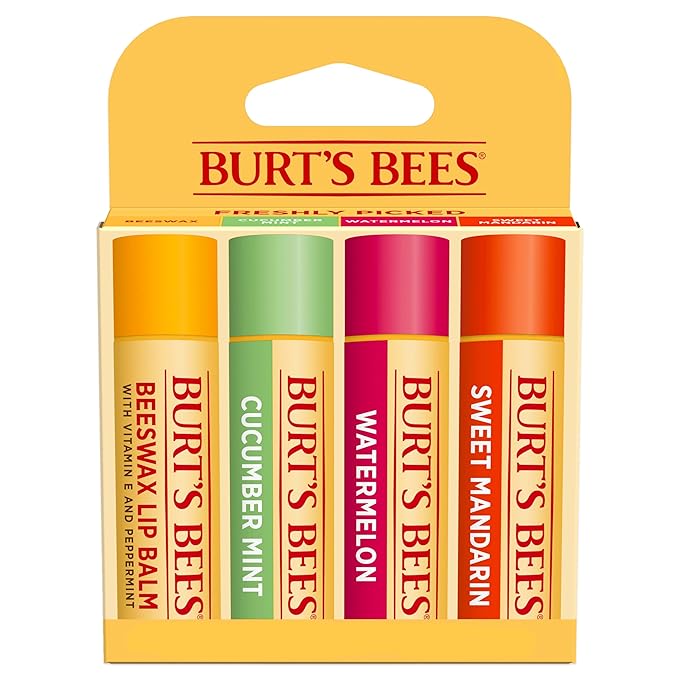 Burt's Bees Lip Balm - Original Beeswax, Cucumber Mint, Watermelon & Sweet Mandarin, With Responsibly Sourced Beeswax, Tint-Free, Natural Origin Treatment, 4 Tubes, 0.15 oz.