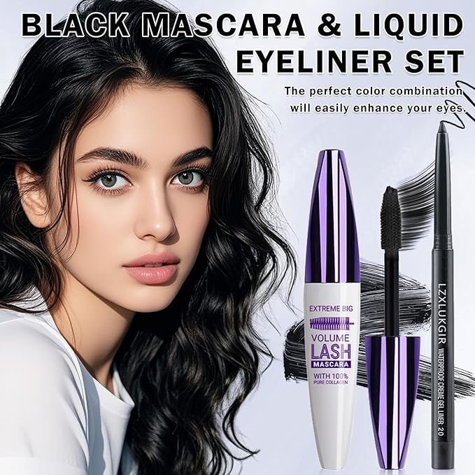 Black Mascara and Eyeliner Set,Natural Curling Black Mascara for Eyelashes,Volumizing Lengthening máscara de pestañas Waterproof,5D Colored Eye Makeup