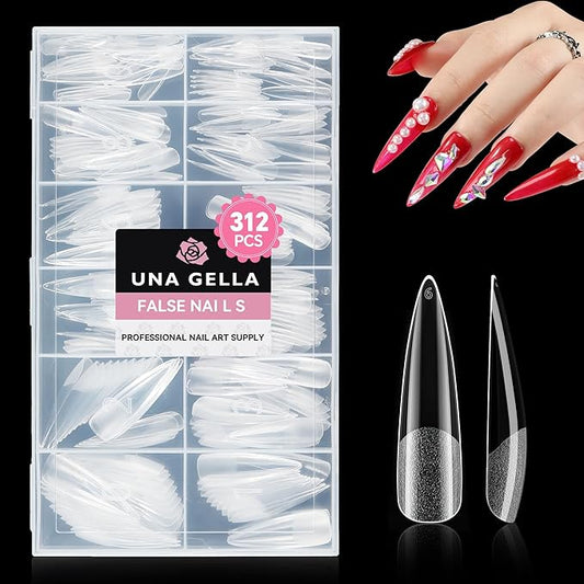 UNA GELLA XXL Stiletto Nail Tips, 312pcs Pre-shape Extra Long Stiletto Nails Tips Pre Etched Full Cover No Need File Clear Fake Nails for Party DIY Christmas Art Salon 12 Sizes