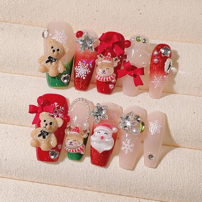 10Pcs Handmade Christmas Press on Nails Long Coffin False Nails with 3D Bear Bow Charms Design Cute Santa Claus Elk Fake Nails Reusable Full Cover Glue on Nails for Women DIY Acrylic Manicure