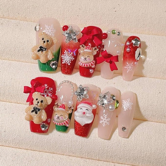 10Pcs Handmade Christmas Press on Nails Long Coffin False Nails with 3D Bear Bow Charms Design Cute Santa Claus Elk Fake Nails Reusable Full Cover Glue on Nails for Women DIY Acrylic Manicure