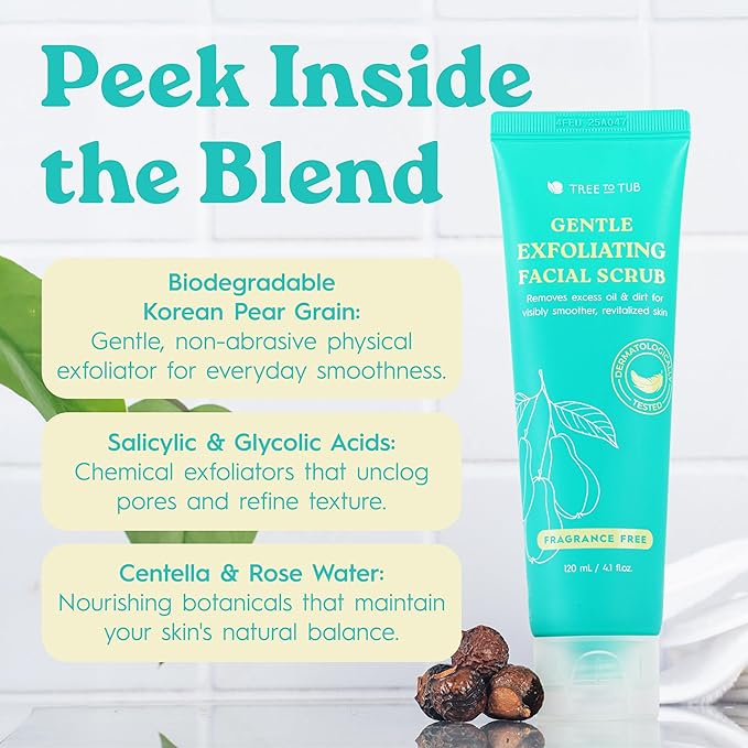 Tree To Tub Exfoliating Face Wash - Gentle Facial Exfoliator & Face Scrub w/Salicylic Acid for Glowing Skin - Non-Irritating Exfoliant to Remove Buildup & Refine Texture - For All Skin Types