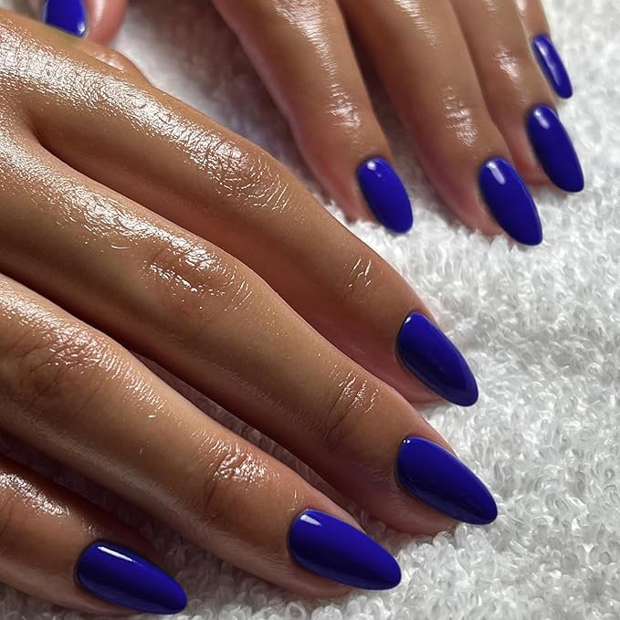 Royal Blue Press on Nails Short Almond Fake Nails Press ons, Thick Solid Color Glue on Nails Short False Medium Almond Nail Oval Round Shaped for Women, 24Pcs Natural Acrylic Gel Nail