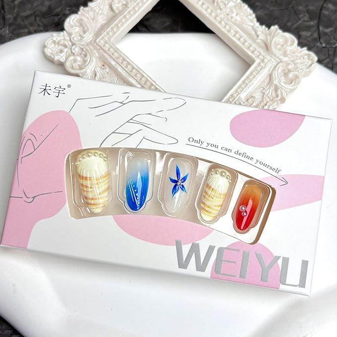 30Pcs Summer Press on Nails Medium Almond Fake Nails with 3D Shell Pearl Rhinestones Design Spring Floral Beach Acrylic False Nails Blue Ombre Vacation Stick on Nails Glue on Nails for Women