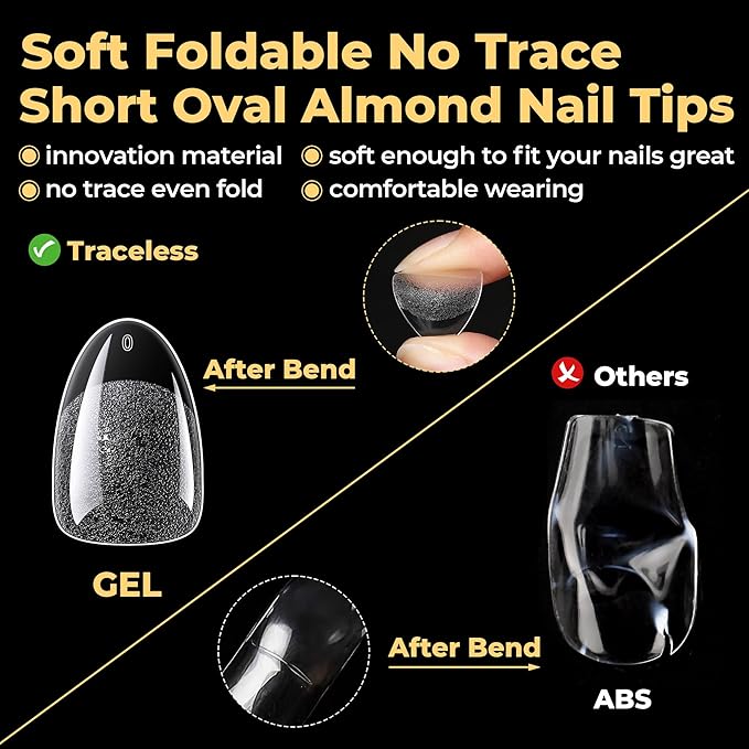 UNA GELLA 600Pcs Short Oval Almond Gel Nail Tips, Round Almond Press on Nails Pre-shaped Soft Gel Clear Fake Nails Tips Full Cover for Nail Extension Home DIY Salon 12 Sizes