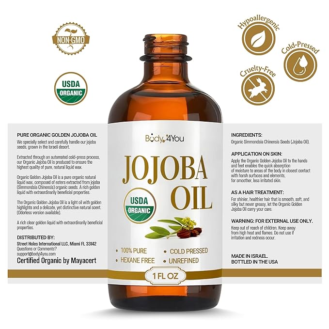 BodyJ4You Organic Jojoba Oil for Skin - USDA Organic 100% Pure Natural - Face Skin Gua Sha Facial Dermaplaning Hair Scalp Massage - Unrefined Cold Pressed Hexane Free - Base Carrier Wax - 1 Fl Oz