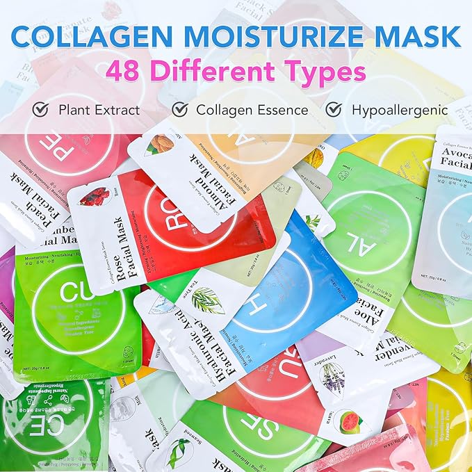VESPRO Collagen Essence Sheet Facial Masks (48 Pack), Bulk Sheet Masks for Face, Skincare for All Skin Types, Moisturizing and Soothing, Natural Skin Care Spa Face Mask