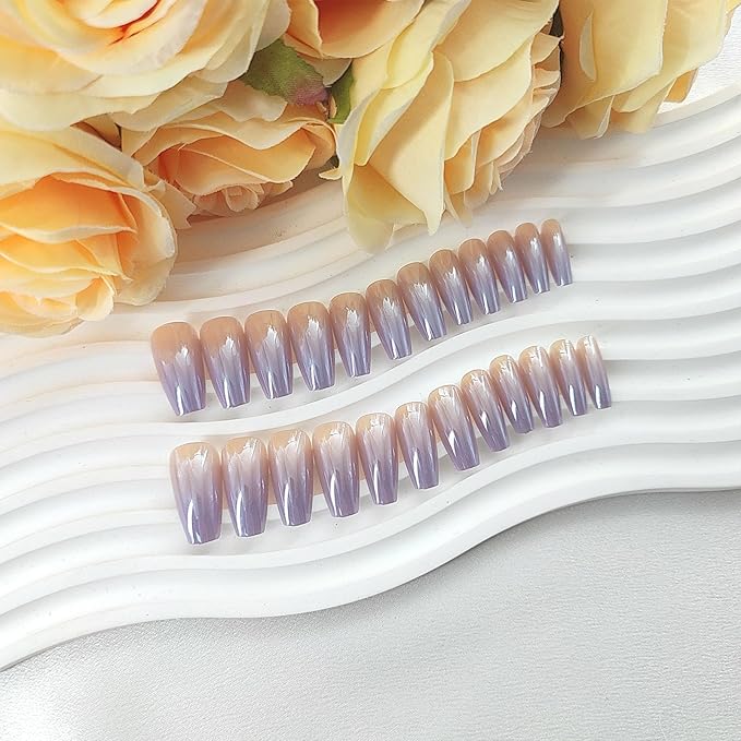 Coffin Press on Nails Medium Fake Nails with Light Purple Gradient Design Coffin Nails Press ons Chrome False Nails Nude Full Cover Glue on Nails Glossy Artificial Stick on Nails for Women 24Pcs