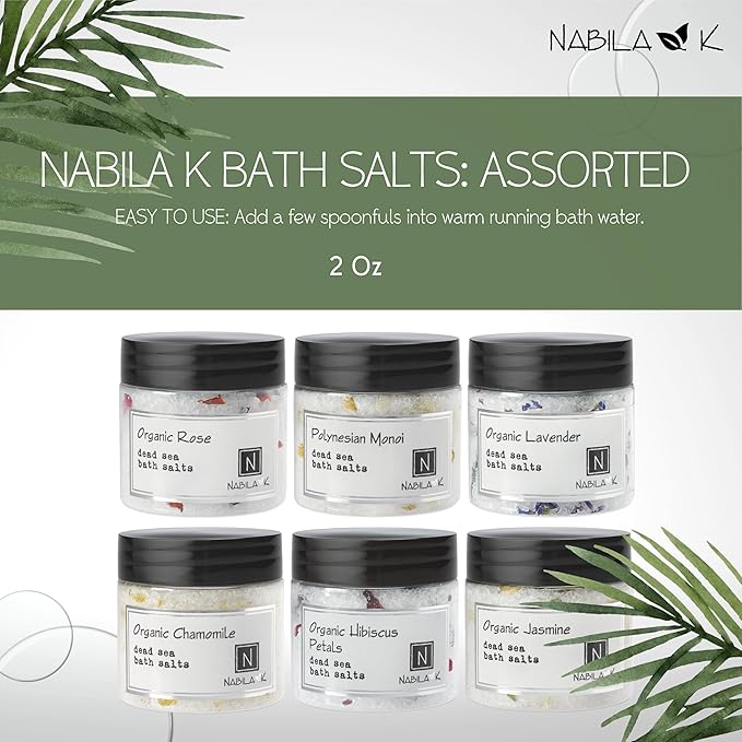 Assorted Bath Salts (Set of 6) by Nabila K - Dead Sea Salt & Epsom Salt Scrub & Soak - Exfoliates & Hydrates Skin, Botanical Essential Oils - Bubble Bath Accessories for All Skins Types, 2 oz