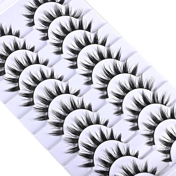 FARRED Manga Lashes Spiky Anime Eyelashes 10 Pairs Cosplay False Wispy Lash Strips Doll Eye Spike Wet Fake Eyelash 16mm Manhwa Cluster Lashes Natural Thick Korean Japanese Style Individual Lash