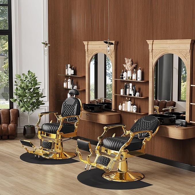 Baasha Black & Gold Heavy-Duty Barber Chair, Luxury Reclining Salon Chair with Adjustable Headrest & Comfort Seating, 550 lbs Capacity