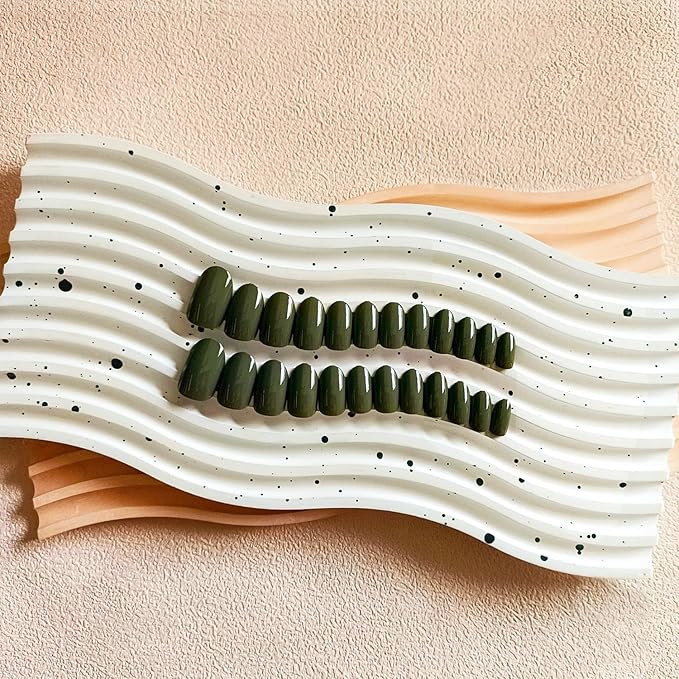 Olive Green Press on Nails Short Almond Shape, Thick Solid Color Glue on False Nails, Medium Oval Round Shaped for Women, 24Pcs Natural Acrylic Gel