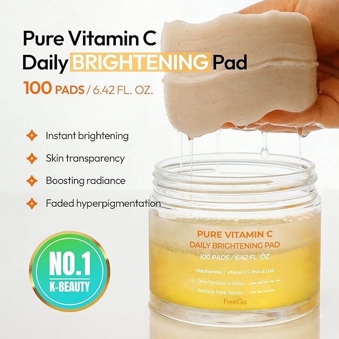 FreeGo Pure Vitamin C Daily Brightening Pad (100 Pads), K-Beauty Facial Toner Pads for Uneven Hyperpigmented Skin, Instant Brightening & Transparency