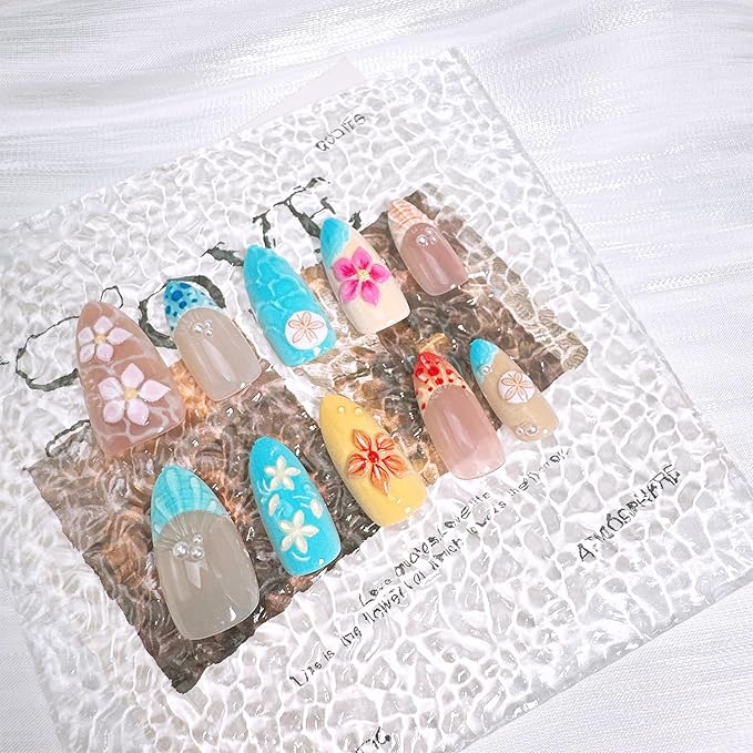 30pcs Flower Press on Nails Medium Almond Fake Nails with 3D Summer Flowers Shell Pearl Designs Blue French Tip False Nails Floral Acrylic Nail Tips Full Cover Stick on Nails for Women