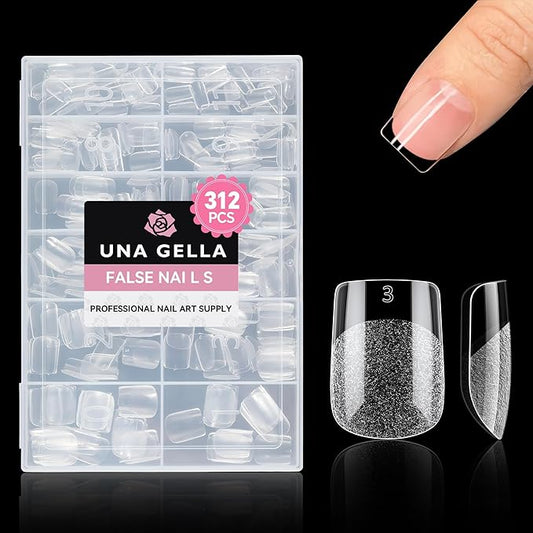 UNA GELLA Extra Short Square Nail Tips, 312pcs XS Square Gel Nail Tips, Soft Gel Full Cover Half Matte No Need File Acrylic Fake Nails for Nail Extension Home DIY Nail Salon 12 Sizes