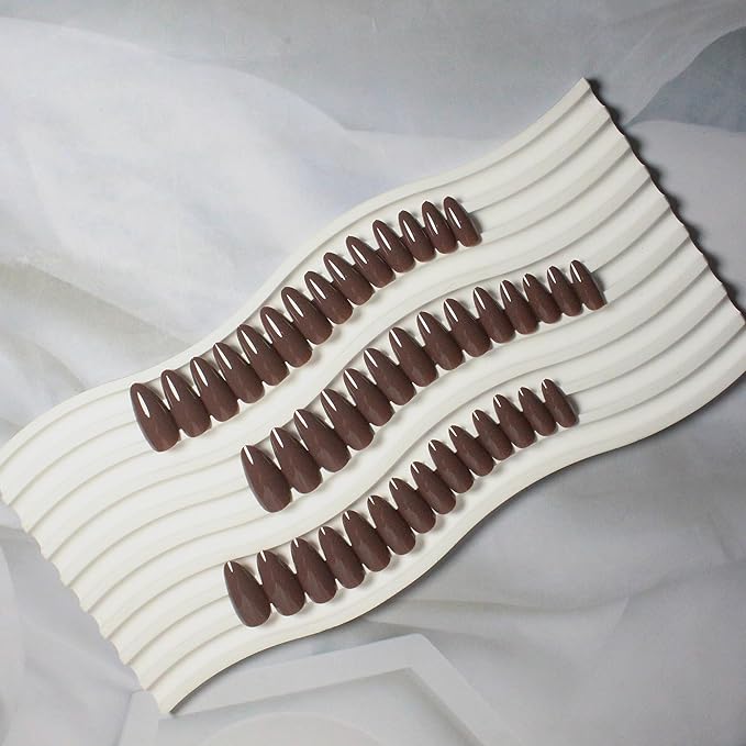 48Pcs Dark Coffee Brown Press on Nails Almond Fake Nails Glue on Nails Medium Length Almond Shaped Nails Press ons, Stiletto Nails False Nails for Women, Thick Medium Almond Nails Acrylic Gel Nail