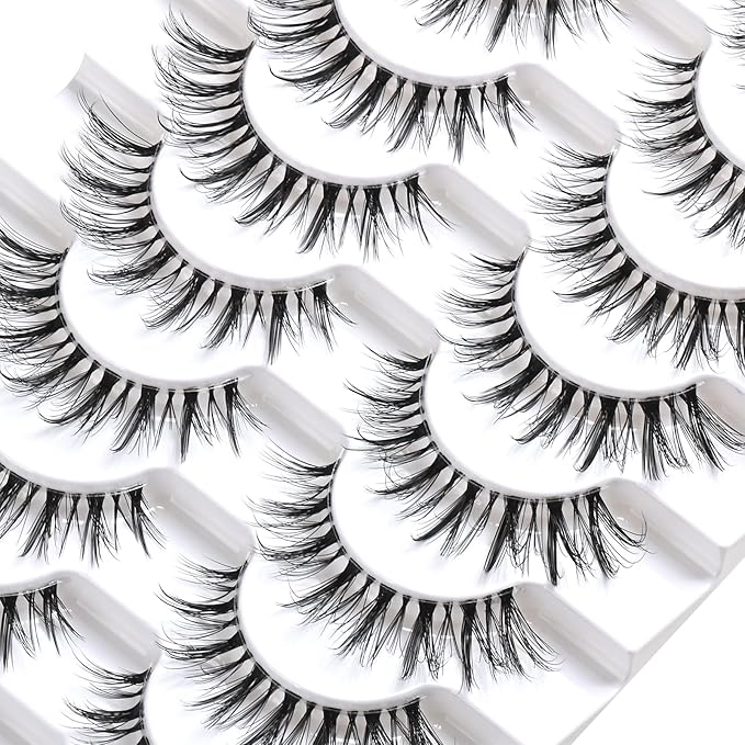 FARRED Cat Eye Lashes Natural False Eyelashes Wispy Mink Eye Lash Fluffy Wispies Eyelash Natural Look 10 Pairs Clear Band Fake Lashes Pack Volume Lash Strips Pestañas (Z10|8-14MM)
