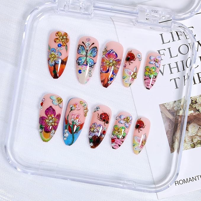 Flower Press on Nails Medium French Tip Fake Nails with 3D Colorful Butterfly Ladybug Floral Design Summer False Nails Gold Rhinestones Artificial Acrylic Nails Almond Glue on Nails for Women 24Pcs