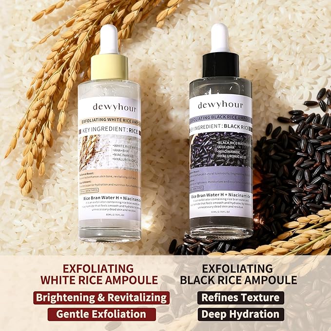 dewyhour Exfoliating Black & White Rice Ampoule Duo Set - Gently Removes Dead Skin Cells, Refines Pores, Soft Face & Body Scrub for All Skin Types, 2-Pack