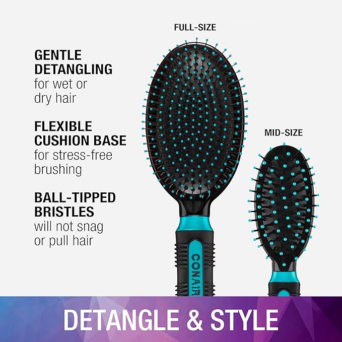 Conair Salon Results Hairbrush Set - Travel Hair Brush - Hairbrushes for All Hair Types - curly hair brush - hairbrush - detangler brush - Travel size + Full-size Brush