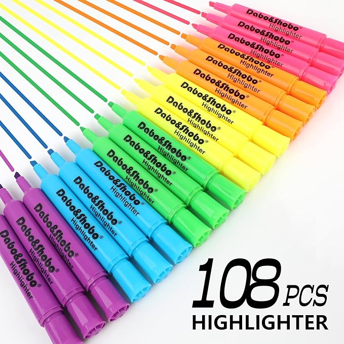 Dabo&Shobo Highlighters 108 Pack, Tank Style Highlighters Assorted Fluorescent Colors, 6 Bright Colors Chisel Tip Highlighter Markers for Coloring