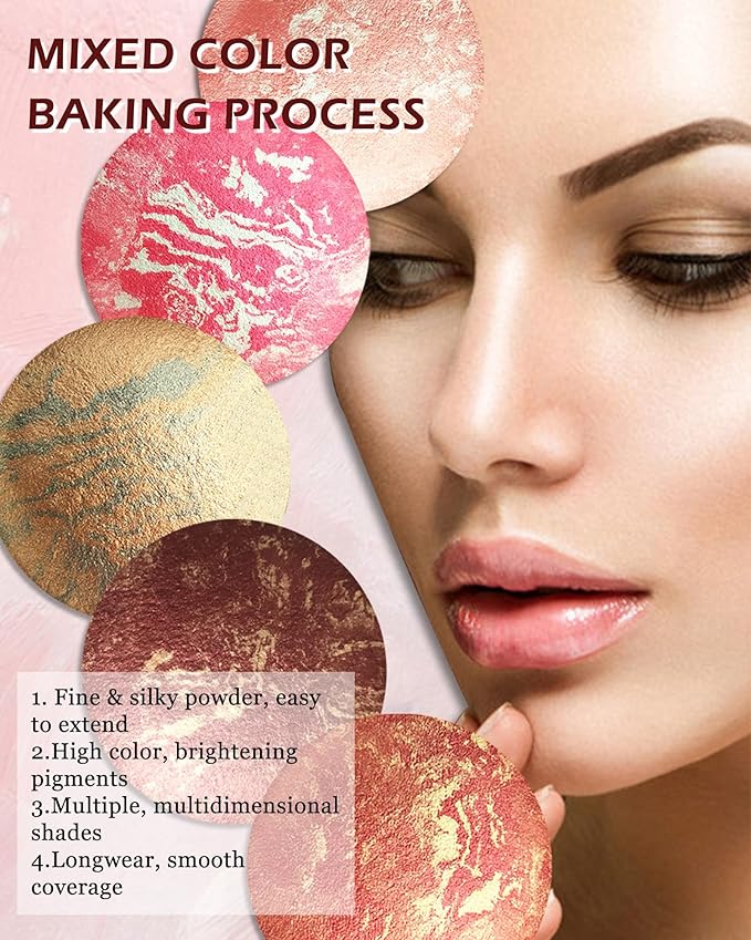 Baked Blush, Lighting Glow Marbleized Blush Powder Palette, Cruelty-Free Powder Blusher, Eyeshadow & Highlight for a Lightweight Shimmery Satin Face Makeup, Gift for Women (0.49Ounce)-01#Peachy