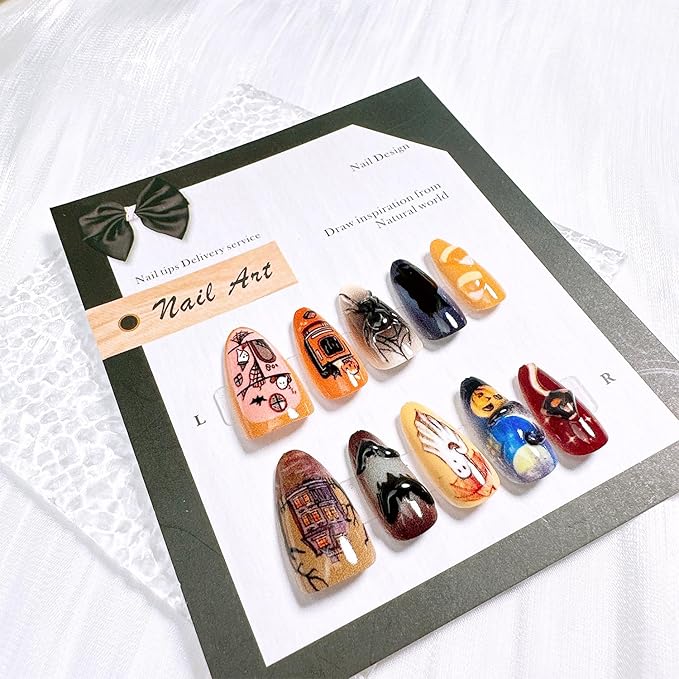 30pcs Halloween Press on Nails Medium Almond Fake Nails with 3D Spider Bat Designs Castle Black Horror Cat Pumpkin Ghost False Nails Kit Halloween Acrylic Nail Tips Full Cover Stick on Nails for Women
