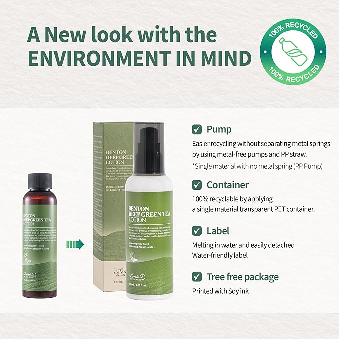 BENTON Deep Green Tea Face Moisturizer 4.05 fl.oz | Hydrating Korean Green Tea Face Lotion | Soothing & Refreshing Moisturizer for Acne Prone Skin