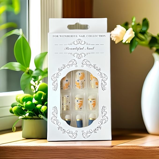 24Pcs Fall Press on Nails Medium Square Maple Leaf Fake Nails Autumn Gold Yellow Leaves Acrylic Nails Glue on Nail Press ons False Nail Glossy Fall leaves Stick on Nail for Women