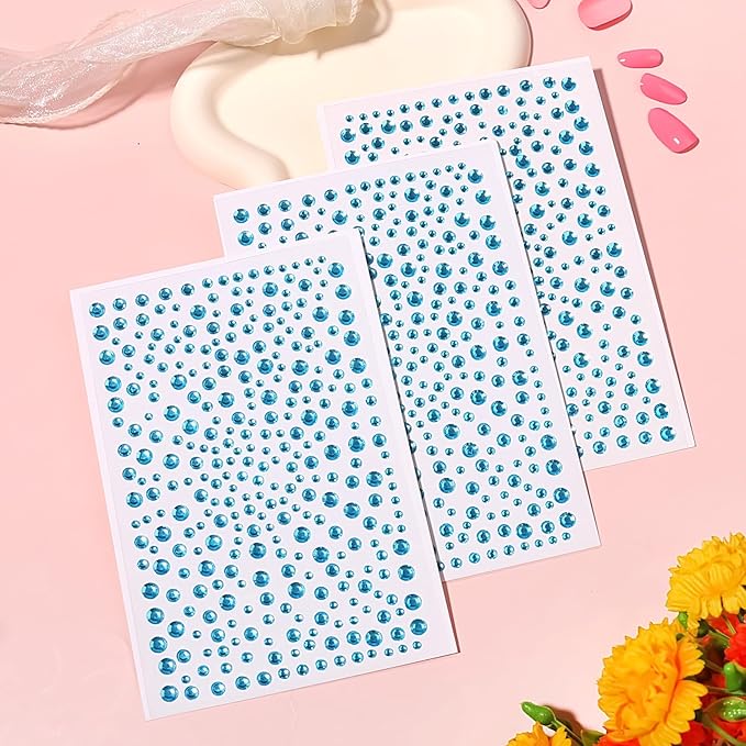 3Sheets Face Gems Rhinestones Stickers Bling Craft Light Blue Clear Crystal Tweezers Decals Pearls for Makeup Stick on Body 3/4/5/6MM Hair Nails Craft DIY Gems for Nails Makeup Decor 975PCS