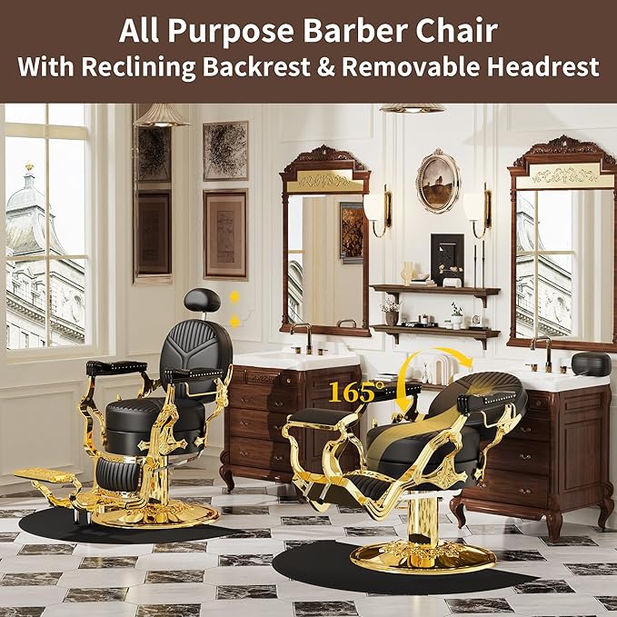 Baasha Elegant Black & Gold Barber Chair, Reclining Salon Chair with Plush Cushion & Adjustable Headrest, Heavy-Duty Structure for Tattoo & Hair Studios, 550 lbs