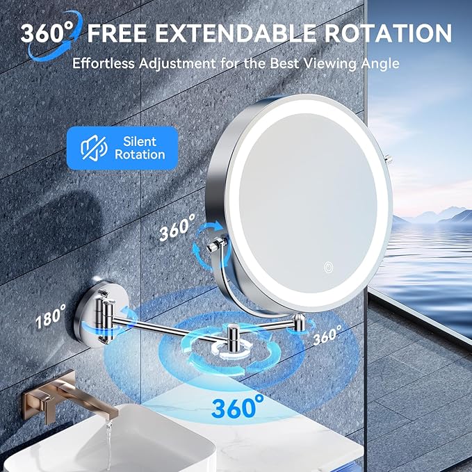 10'' 30X/1X Wall Mounted Lighted Makeup Mirror, 5000mAh Rechargeable Double-Sided Magnifying Mirror with Light, LED Vanity Mirror Touch Dimmable 3 Colors 360° Rotation Extended Foldable Arm, Chrome