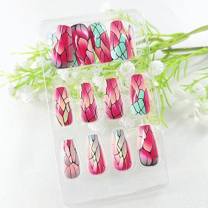 24Pcs Press on Nails for Women Fake Nails Medium Coffin Nail Press ons with Black Crack Designs Gradient Red Glue on Nails Glossy Color Stick on Nails Artificial Girl Manicure Art Style