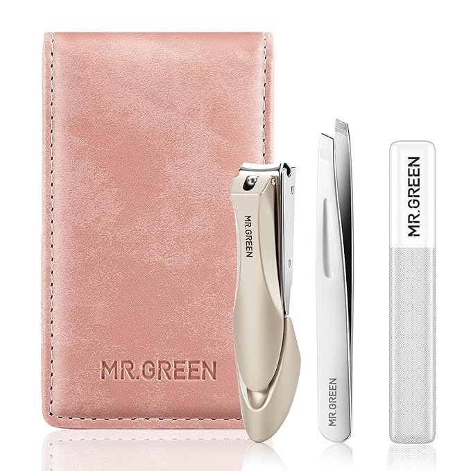 MR.GREEN Nail Clipper 3Pcs Set, Stainless Steel Manicure Pedicure Set with Nail Clippers, Glass Nail File & Tweezers, Medical Grade Grooming Kit with Travel Case Gift Box for Man & Woman (Pink)