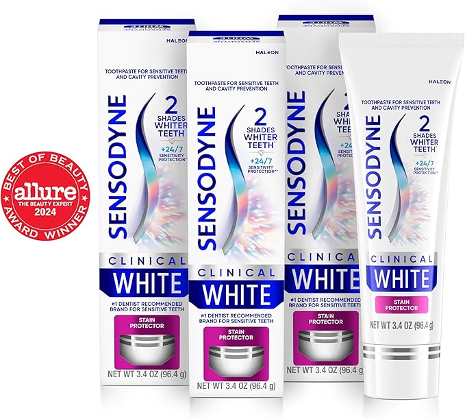 Sensodyne Clinical White Toothpaste Clinically Proven Whitening for Sensitive Teeth, Stain Protector, 3.4 oz x 3