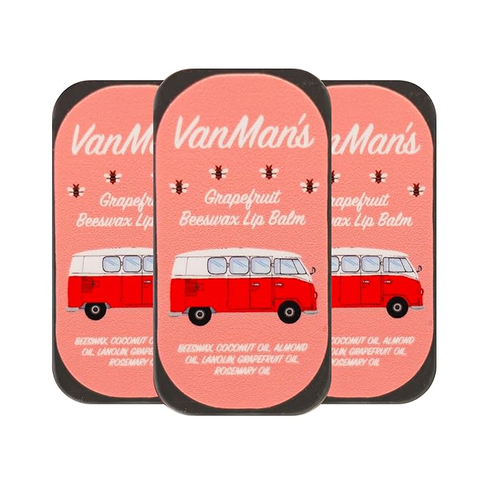 VanMan Beeswax Lip Balm Tin – Organic Beeswax with Coconut and Sweet Almond Oils, Lanolin, and Grapefruit Oil – Hydrating Moisturizer for Dry Lips – Grapefruit – 3 Tin Pack