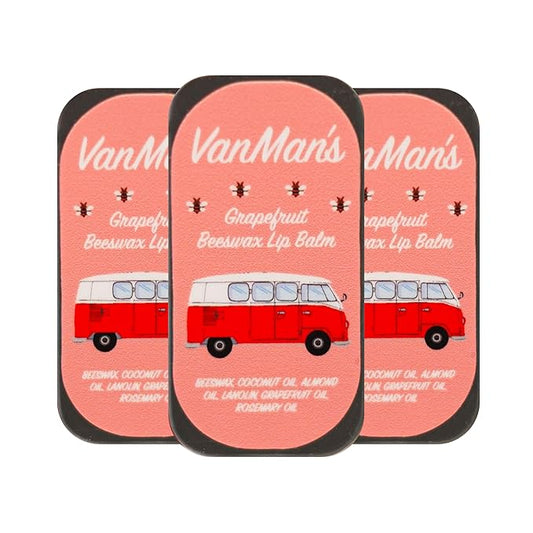 VanMan Beeswax Lip Balm Tin – Organic Beeswax with Coconut and Sweet Almond Oils, Lanolin, and Grapefruit Oil – Hydrating Moisturizer for Dry Lips – Grapefruit – 3 Tin Pack