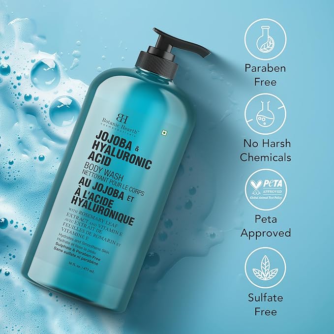 Botanic Hearth Jojoba & Hyaluronic Acid Body Wash | Shower Gel | 16 Fl Oz With Sea Butter & Sweet Almond Oil | Moisturizing Body Wash Shower Gel For Softer, Smoother Skin | For Women & Men