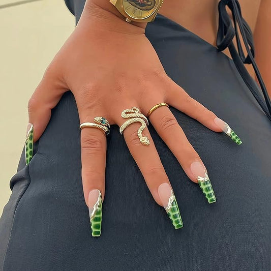 BABALAL Long Coffin Press-On Nails - Green French Tip Acrylic With Crocodile Pattern - 24Pcs Ballerina False Nails for Women and Girls