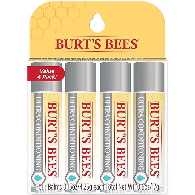 Burt's Bees Lip Balm Stocking Stuffers, Moisturizing Lip Care Christmas Gifts for All Day Hydration, Ultra Conditioning with Shea, Cocoa & Kokum Butter, 100% Natural (4-Pack)