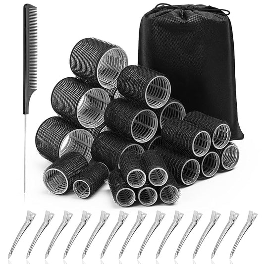 Acejoz Hair Rollers for Blowout Look, 38 Pcs Self Grip Hair Rollers Set with 4 Sizes, 12 Pcs Hair Clips, Comb and Storage Bag for Hair Volume (Black)