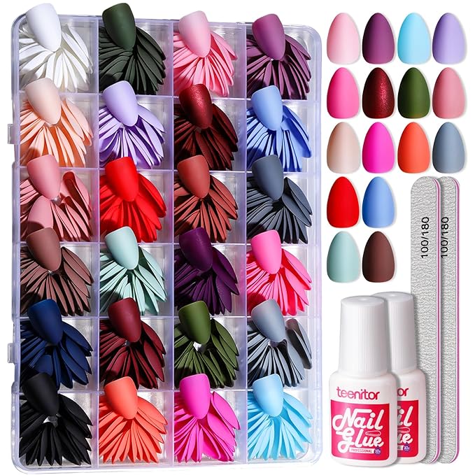 Teenitor Press on Nails,Short Almond Press on Nails, Matte Acrylic Fake Nails with Nail Glue, 24 Colors