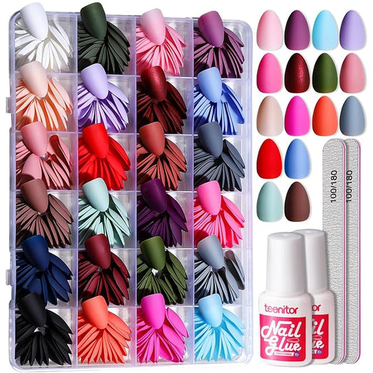 Teenitor Press on Nails,Short Almond Press on Nails, Matte Acrylic Fake Nails with Nail Glue, 24 Colors