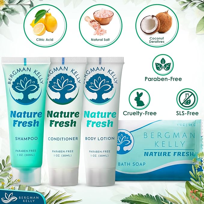 BERGMAN KELLY Hotel Toiletries Bundle (Nature Fresh, 1 oz each, 200 Pieces) 4-Piece Set: 50 Rectangular Bar Soap, 50 Shampoo, 50 Conditioner & 50 Body Lotion - Bulk Mini Guest Amenities
