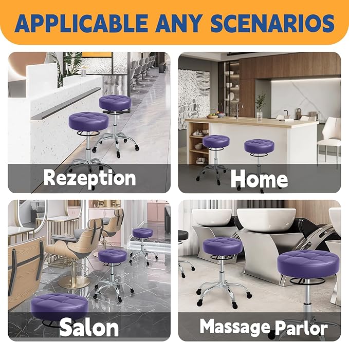 Rolling Stool Heavy Duty 400lb: Super Soft Seat Cushion,360° Swive,Height Adjustability,No Squeaky Noises,No Tip Over,New Upgraded Stool Salon Stool Chair, Tattoo Facial Massage Spa Medical (Purple)