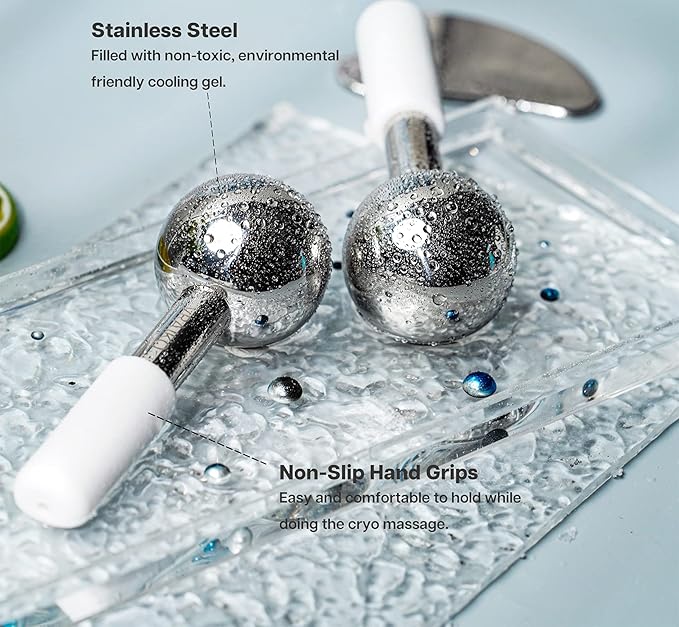 VRAIKO ICE Globes for Facials & Gua Sha Set, Gua Sha Facial Tools and Cryo Sticks with Unbreakable Steel, Face Massager Cooling Rollers for Dark Circles, Puffiness and Lymphatic Drainage (White)