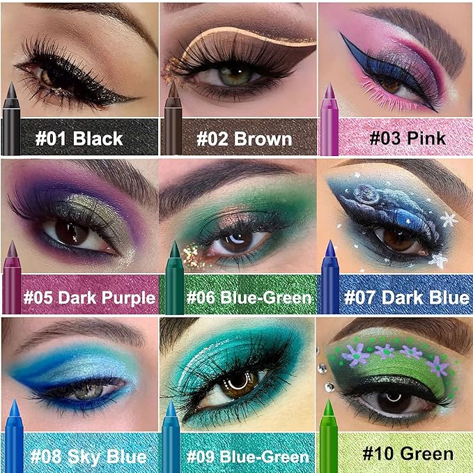 15PCS Colorful Eyeliner Pen Set, Eye Shadow Pencil, Pearl & Matte Metallic Glitter Eyeliner for Women, Eye & Lip Liner, Professional Eye Makeup Set