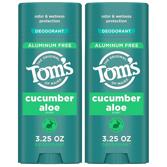 Tom's of Maine Cucumber Aloe Aluminum Free Natural Deodorant For Women & Men | Goes on Clear | Odor & Wetness Protection | Naturally Derived and Moisture-Locking Ingredients | 3.25 oz (2 Pack)