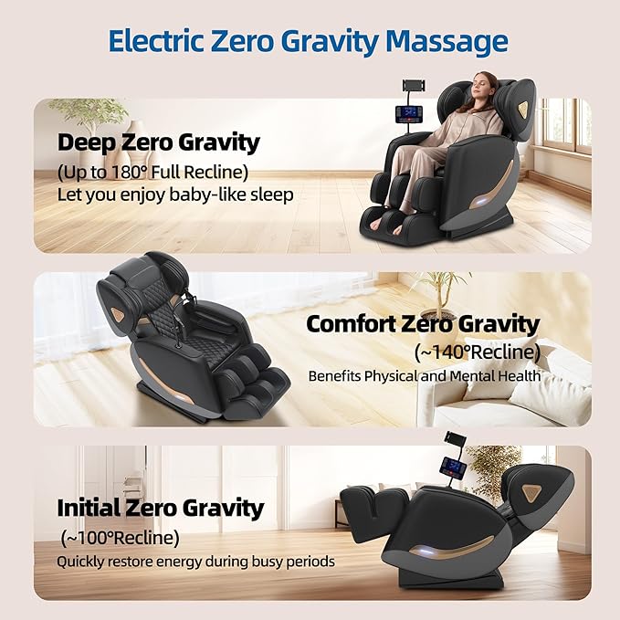 Massage Chair Full Body, Zero Gravity Massage Chair 2026 Recliner with 10 Fixed Rollers, 20 Auto Massage Modes, 8 Airbag, Waist and Back Heating, Bluetooth, Touch Screen Controller (Upgraded Black)