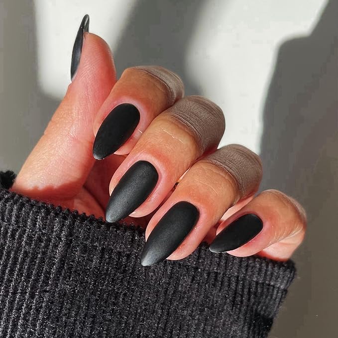 48Pcs Matte Black Press on Nails Almond Fake Nails Glue on Nails Medium Length Almond Shaped Nails Press ons, Stiletto False Nails for Women, Medium Almond Nails, Thick Natural Acrylic Gel Nails